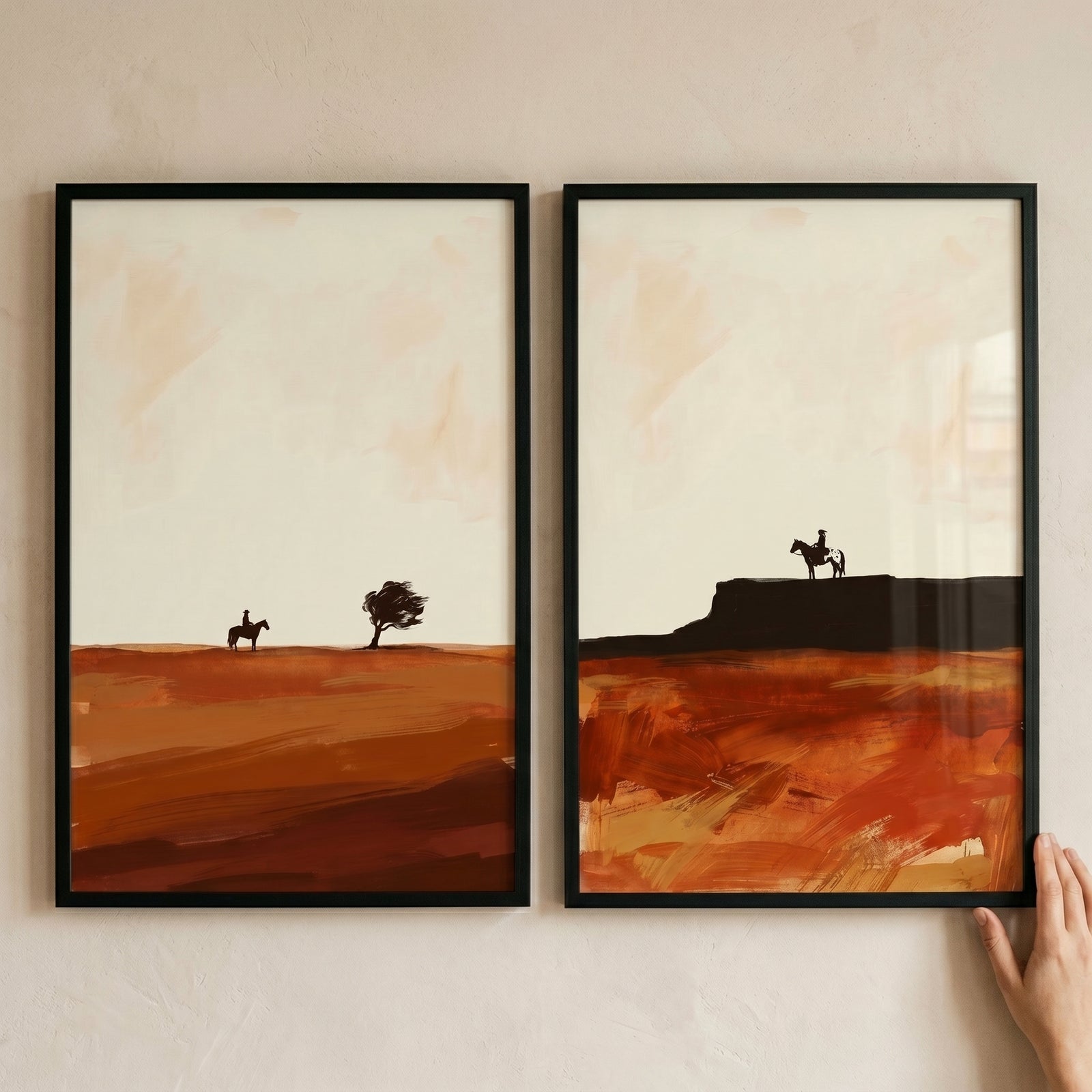 Minimalist ochre desert cowboy wall art set of 2 depicts silhouette riders and a tree in warm landscapes with black frames.