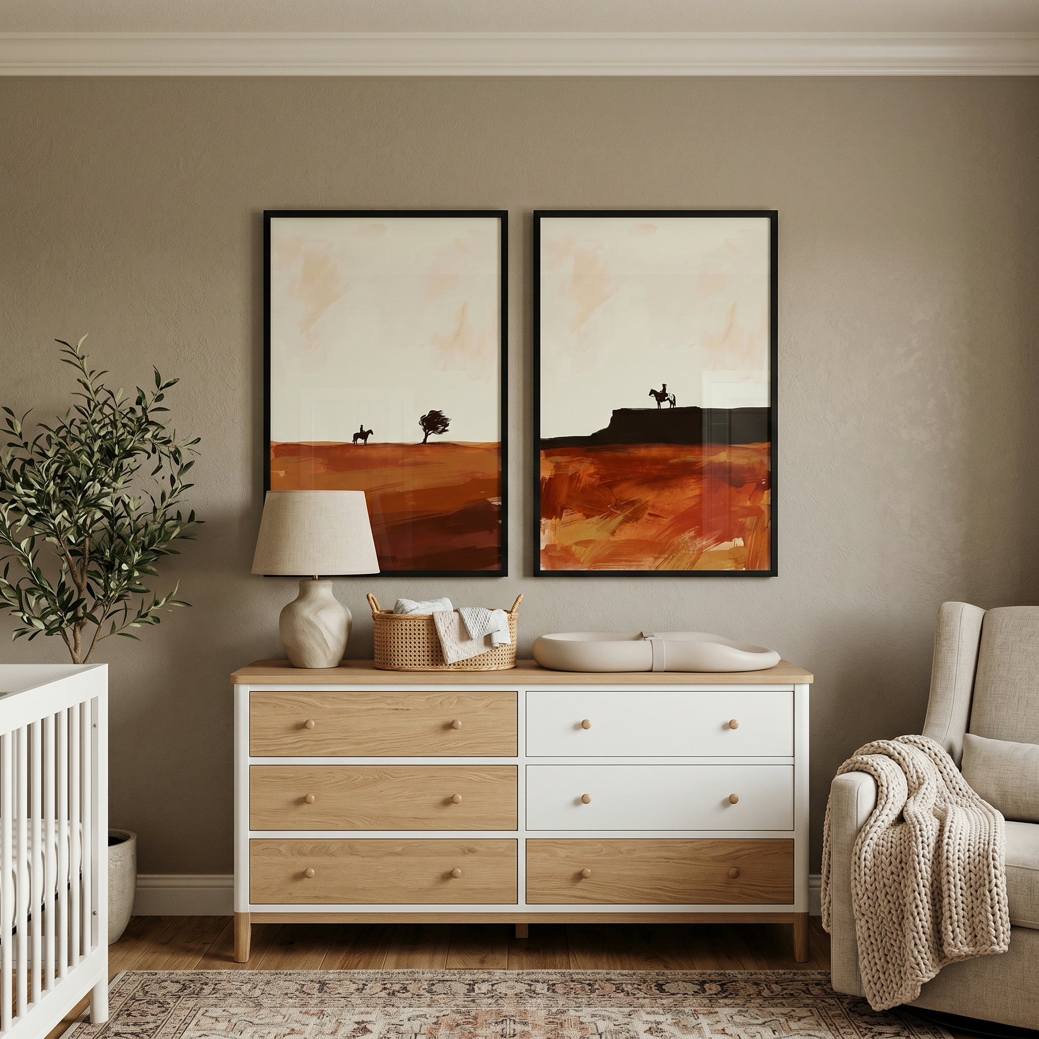 Minimalist Ochre Desert Cowboy Wall Art Set of 2 - Dusty Horizon Rider