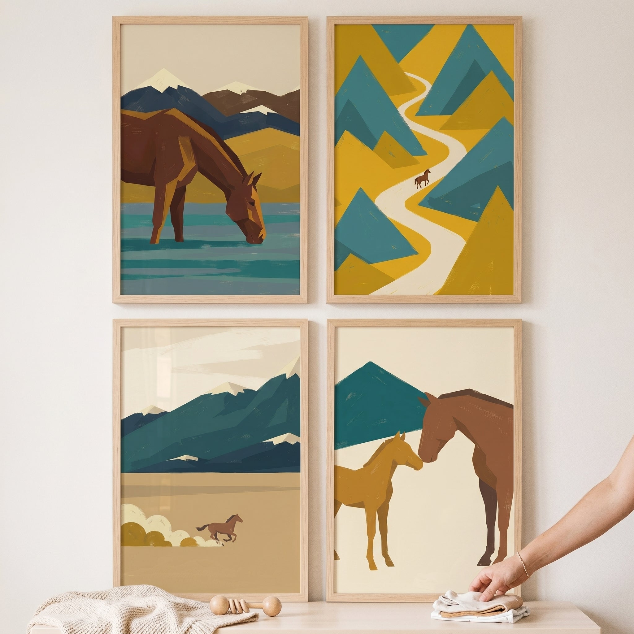 Minimalist Ochre Mountain Horse Print Set of 4 - Mountain Equine Vistas