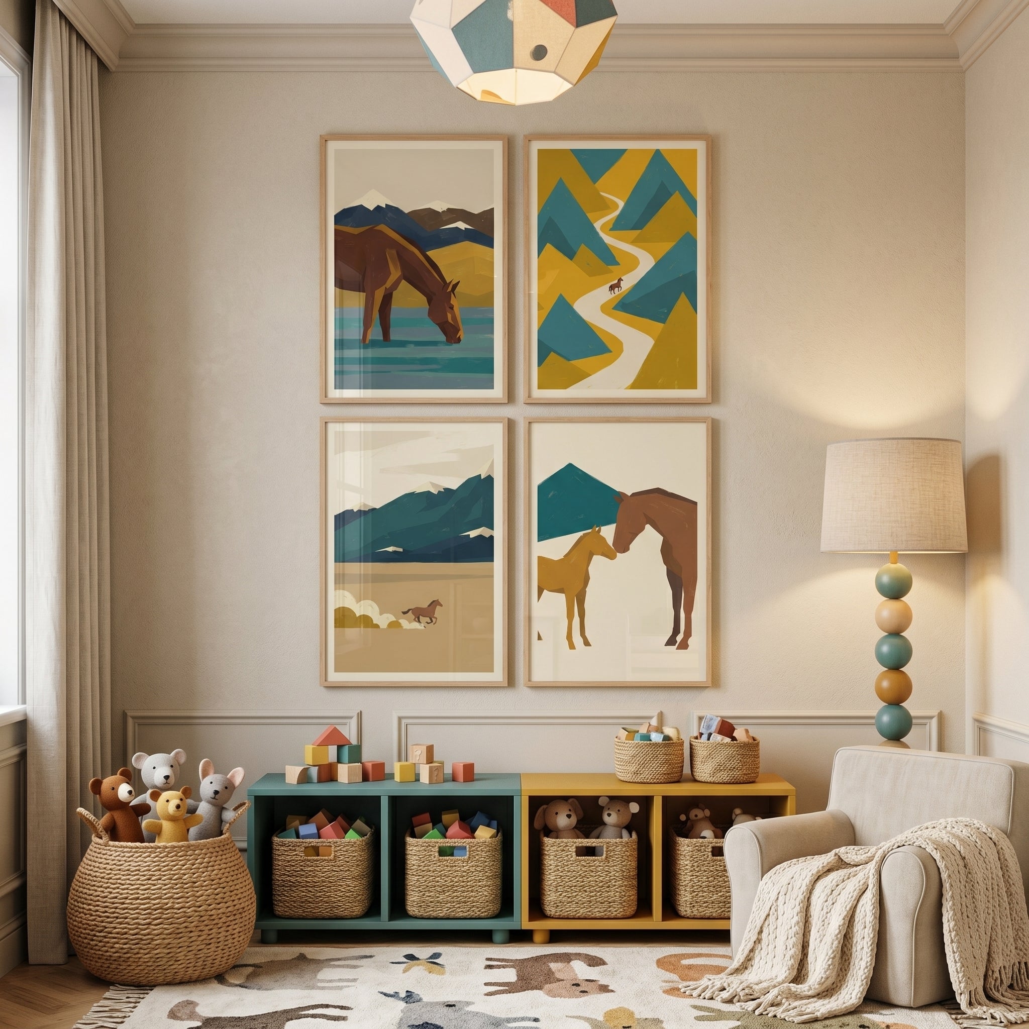 Minimalist Ochre Mountain Horse Print Set of 4 - Mountain Equine Vistas