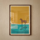 Minimalist ochre sky horse wall art shows a brown horse and its reflection by blue water in a dark wooden frame.