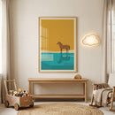 Minimalist ochre sky horse wall art hangs above a wooden bench in a nursery with a cloud light and wooden toys.