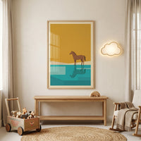 Minimalist ochre sky horse wall art hangs above a wooden bench in a nursery with a cloud light and wooden toys.
