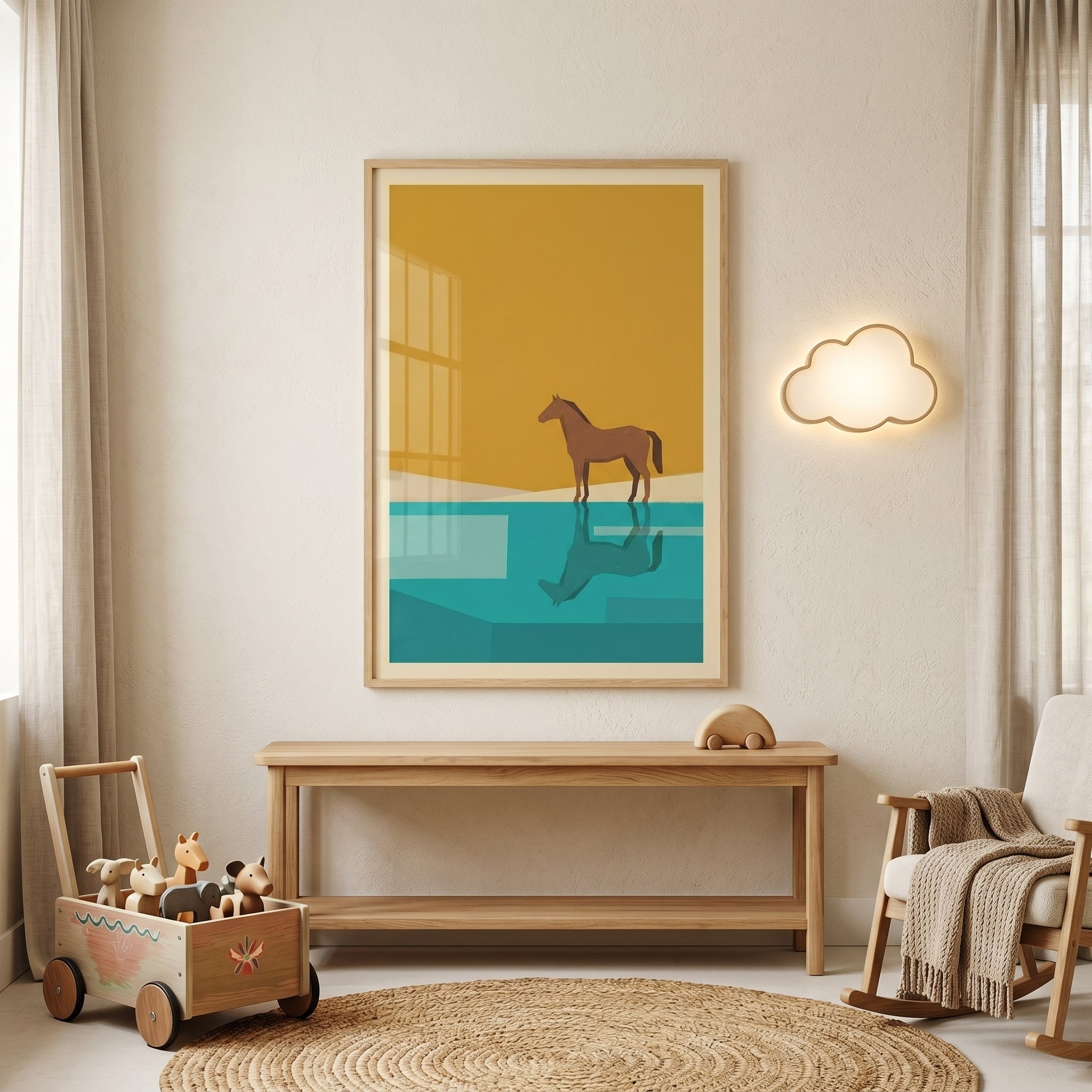 Minimalist ochre sky horse wall art hangs above a wooden bench in a nursery with a cloud light and wooden toys.