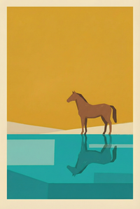 Minimalist ochre sky horse wall art depicts a brown horse and its geometric reflection in turquoise water.