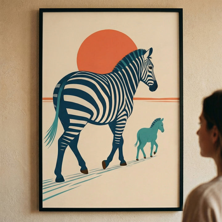 A piece of graphic art is displayed in a black frame on a light, textured wall. The artwork depicts a large zebra with bold dark blue and white stripes. Behind the zebra's back is a large, solid orange circle resembling a sun. A smaller, solid teal young equine figure follows closely behind. The scene is set against an off-white background with minimalist lines indicating the ground. In the foreground, the side of a person's head and shoulder are visible as they look toward the wall-mounted art.