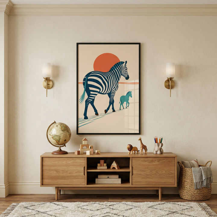 Framed illustration of a zebra walking with a small foal in front of a large orange sun displayed above a wooden console in a child’s room. Toys, a globe, and soft neutral decor create a calm and educational safari themed space.