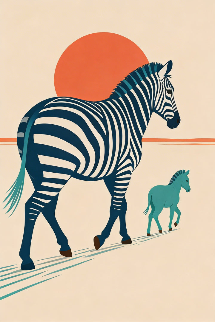 A minimalist graphic illustration features a large zebra and a small foal walking across a flat landscape. The large zebra has bold dark blue and white stripes with a teal tail. To its right, a solid turquoise foal follows. In the background, a massive orange sun sits against a cream sky, above a thin orange horizon line. Stylized teal and blue lines stretch from the animals' hooves across the beige ground, suggesting movement in this clean, modern artwork.