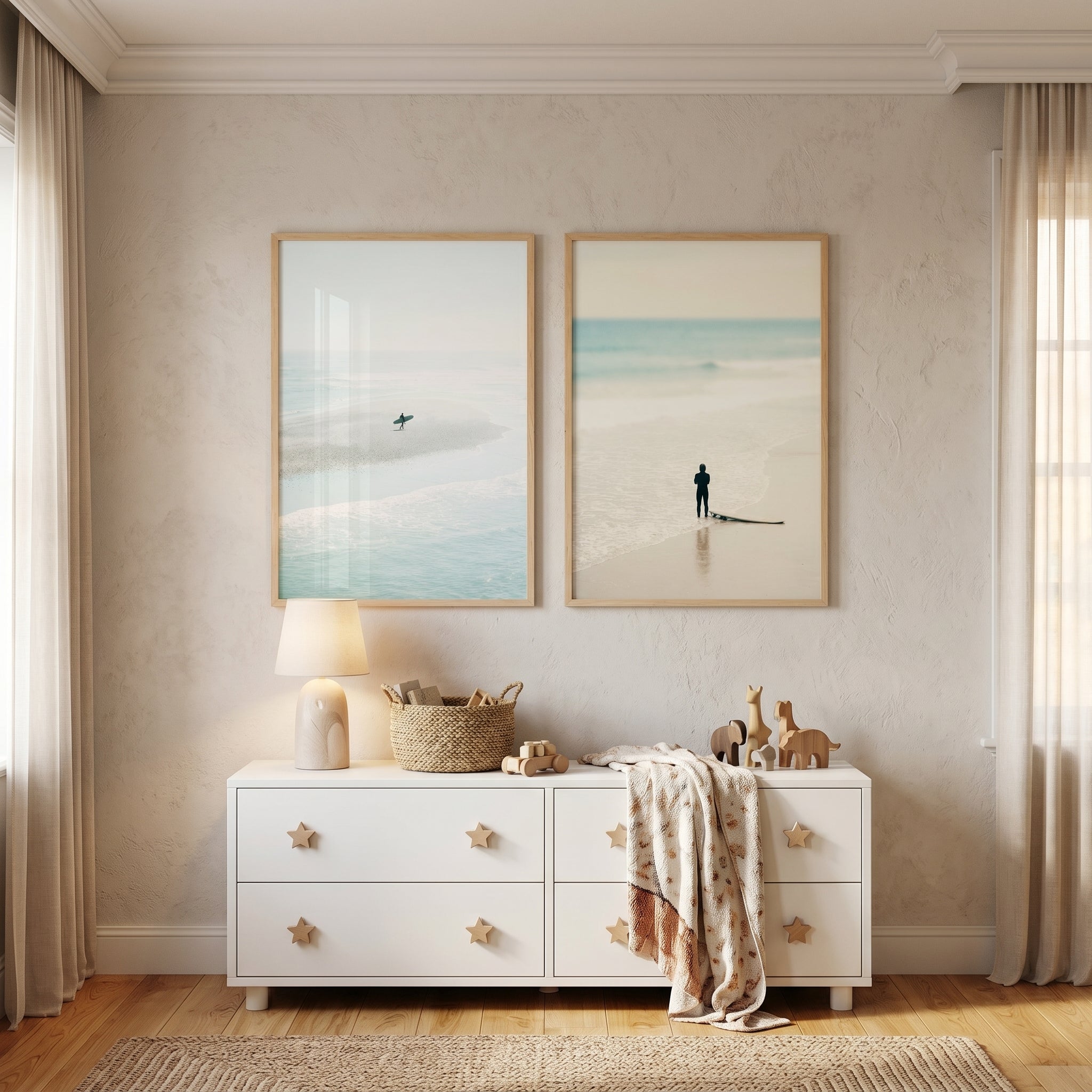 Minimalist Pastel Beach Surfer Wall Art Set of 2 - Silent Coastal Solitude
