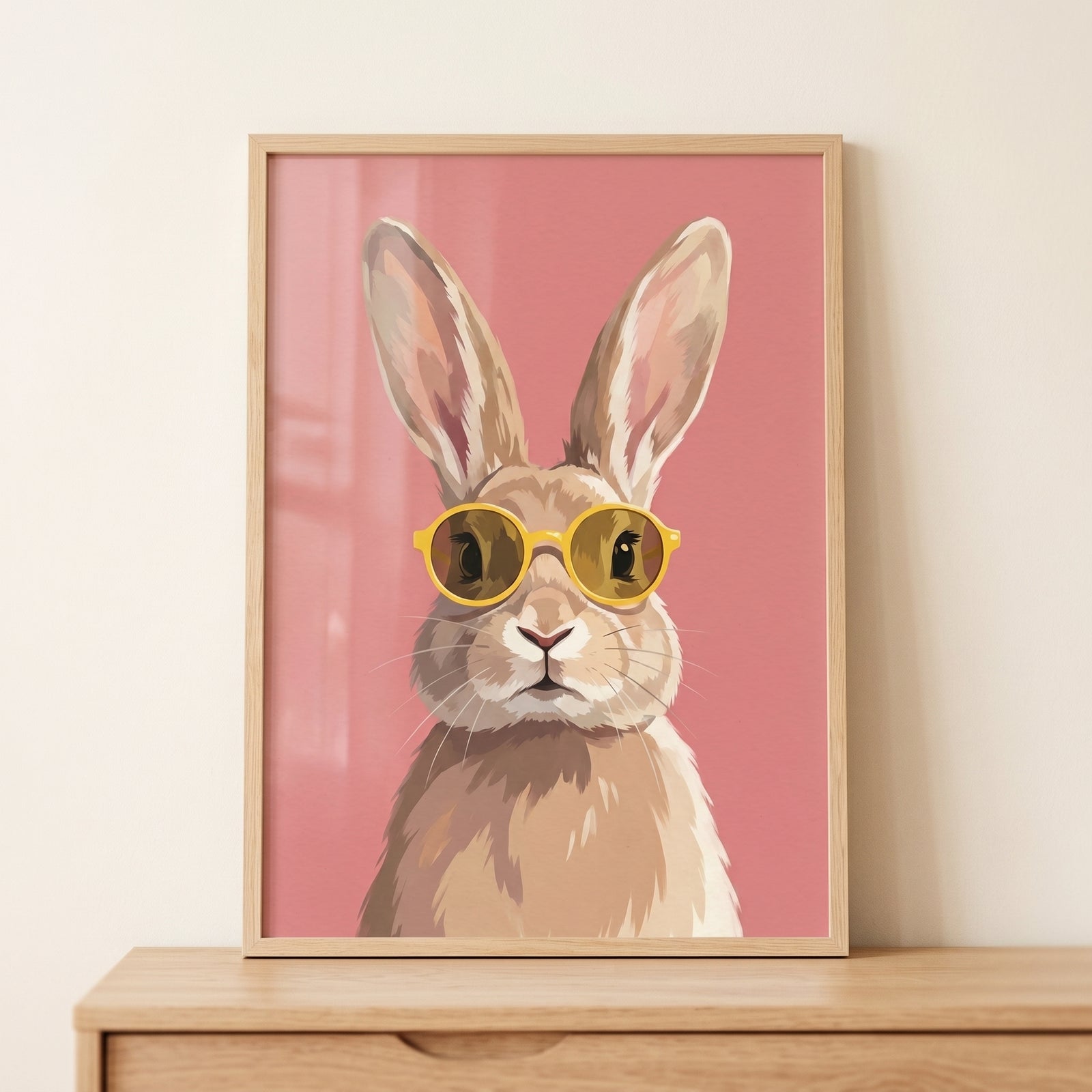 Minimalist pink sunglasses bunny wall art shows a rabbit in yellow shades on a pink background in a light wood frame.
