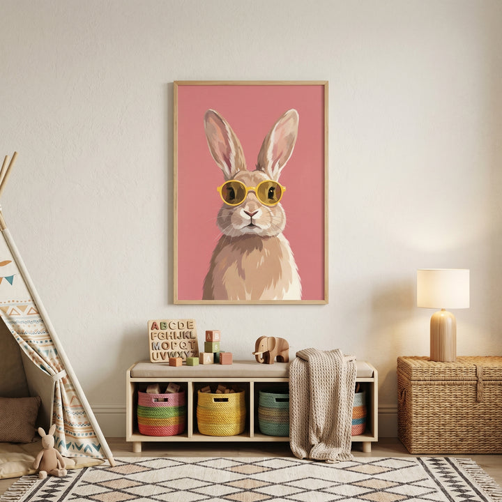Minimalist pink sunglasses bunny wall art hangs above a storage bench in a neutral nursery with toys and a play tent.