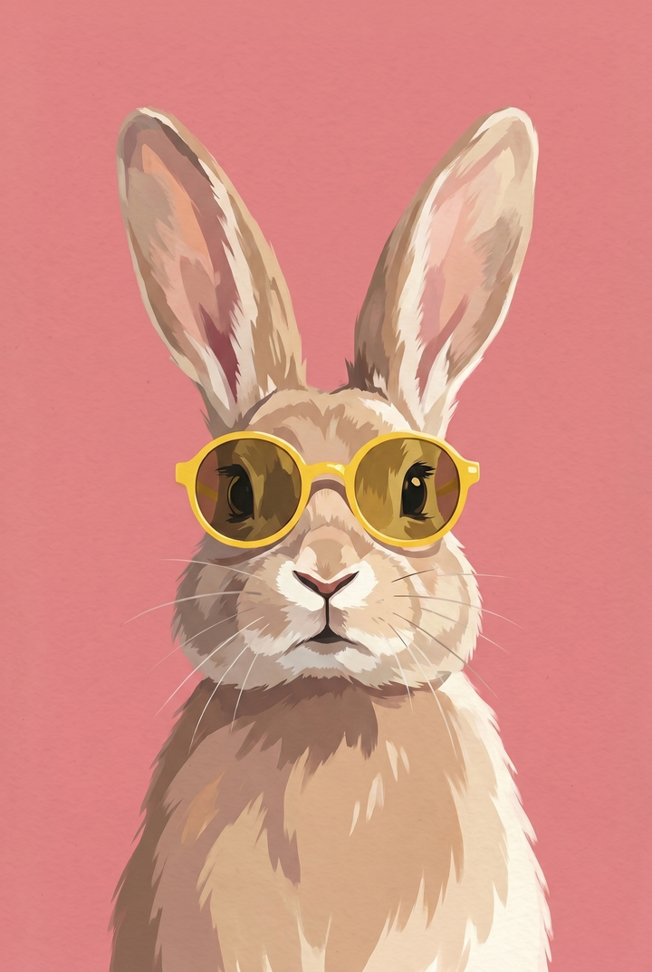 A tan rabbit wearing round yellow sunglasses against a minimalist pink background.