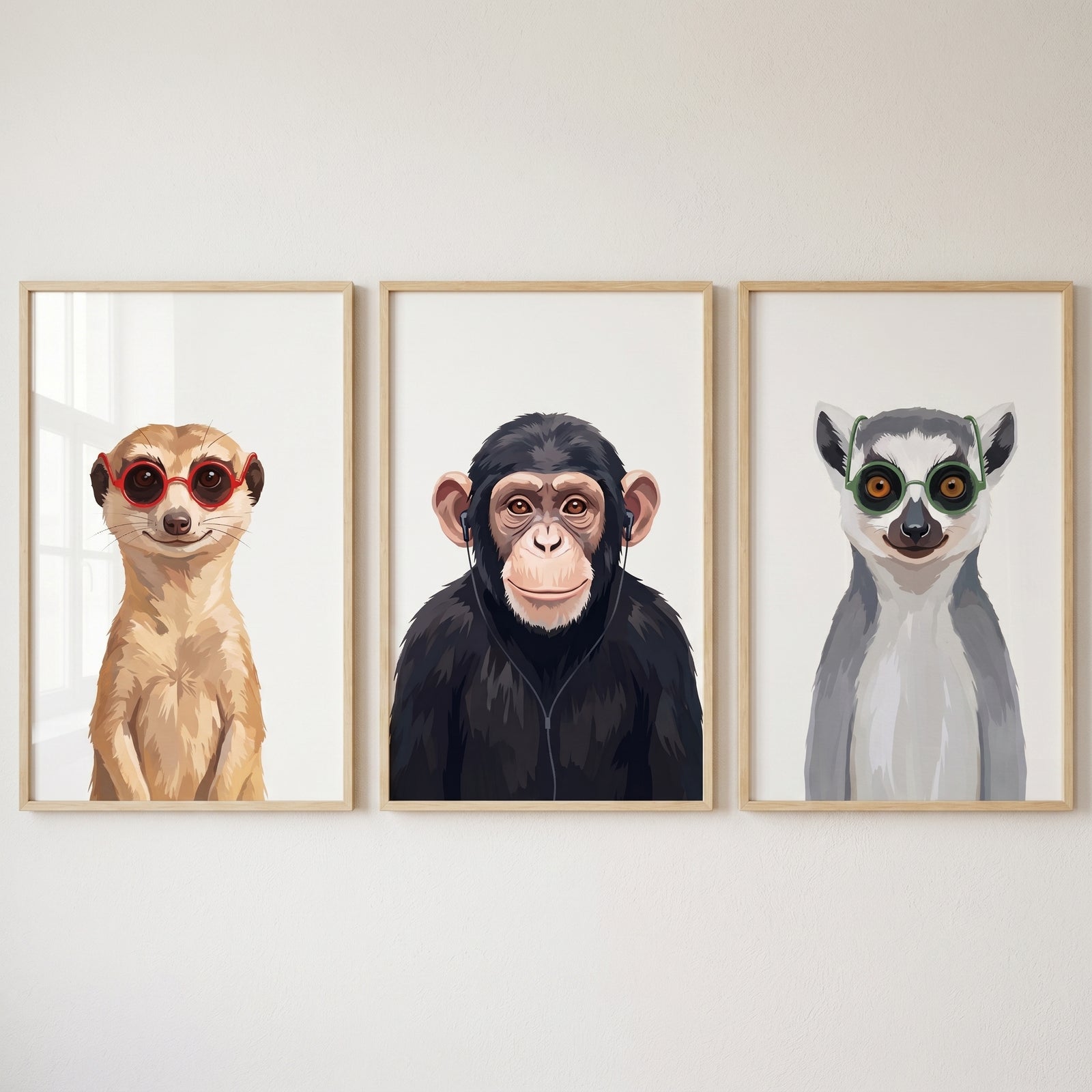 Minimalist portrait safari animal artwork set of 3 featuring a meerkat, chimp, and lemur in glasses and headphones.