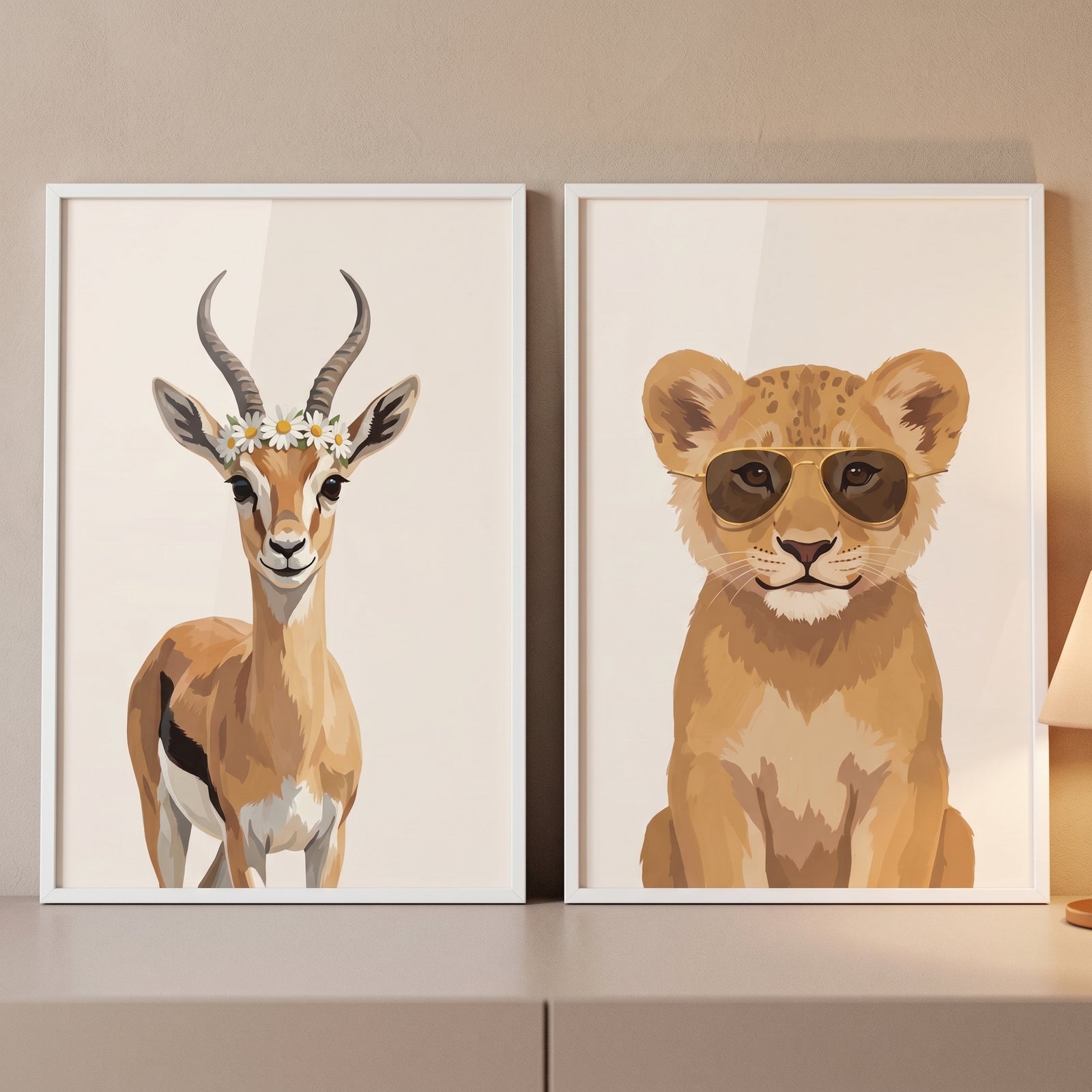 Two framed animal illustrations displayed side by side featuring a gazelle wearing a white daisy flower crown and a lion cub wearing oversized aviator sunglasses. The playful wildlife prints sit on a tabletop against a neutral wall for a cheerful nursery or kids room display.