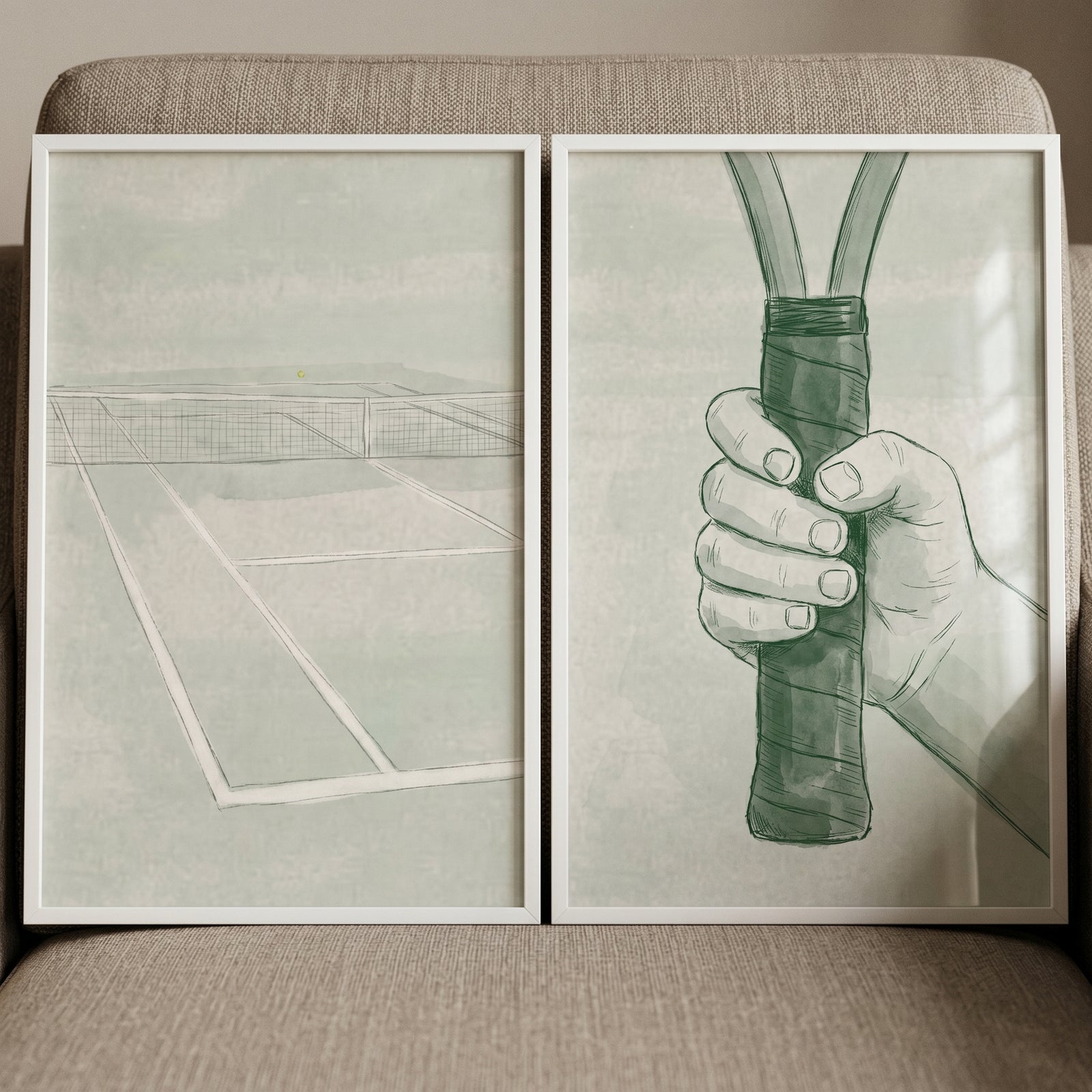 Minimalist sage green tennis wall art set of 2 featuring a tennis court and a hand gripping a racket handle.