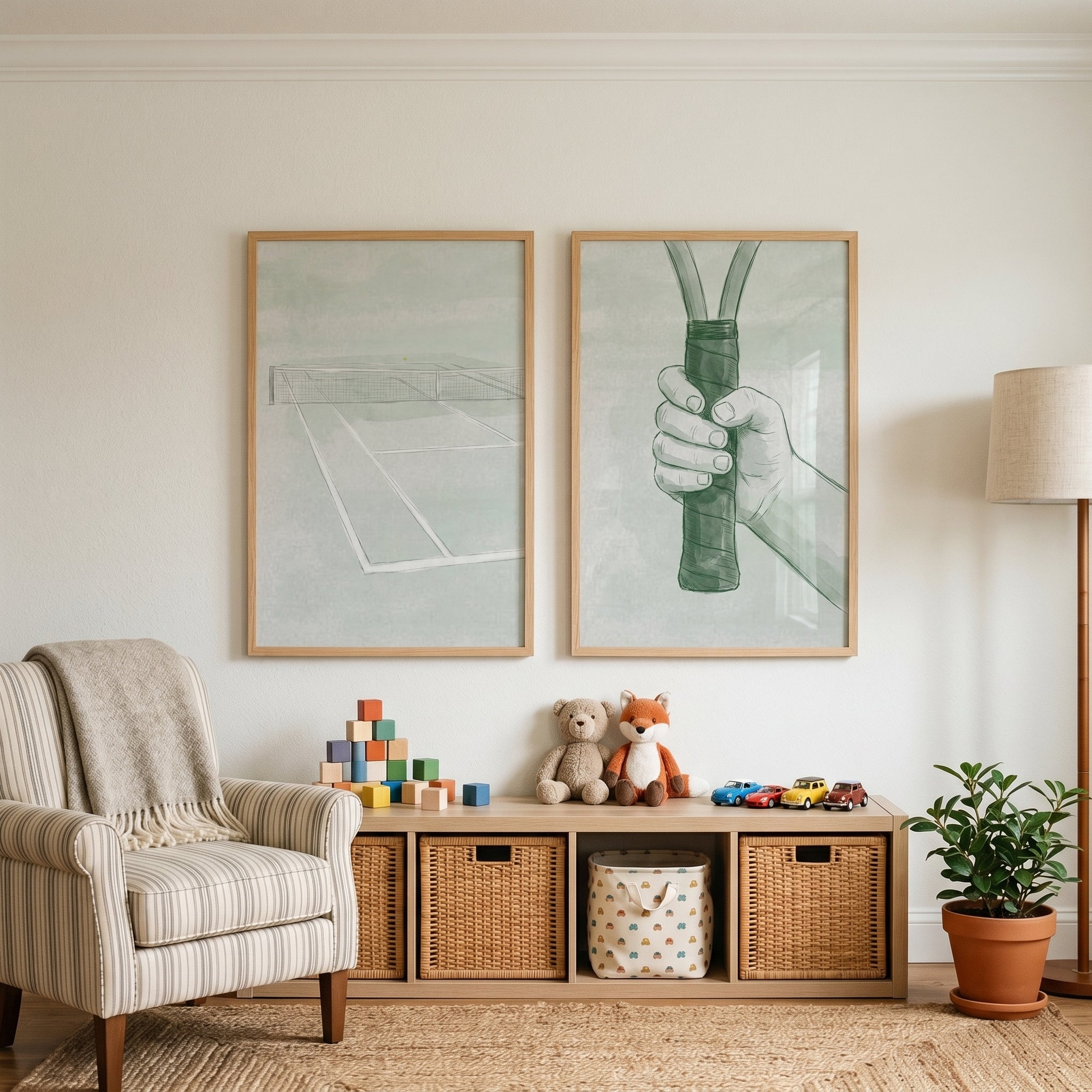 Minimalist Sage Green Tennis Wall Art Set of 2 - Firm Racket Grip