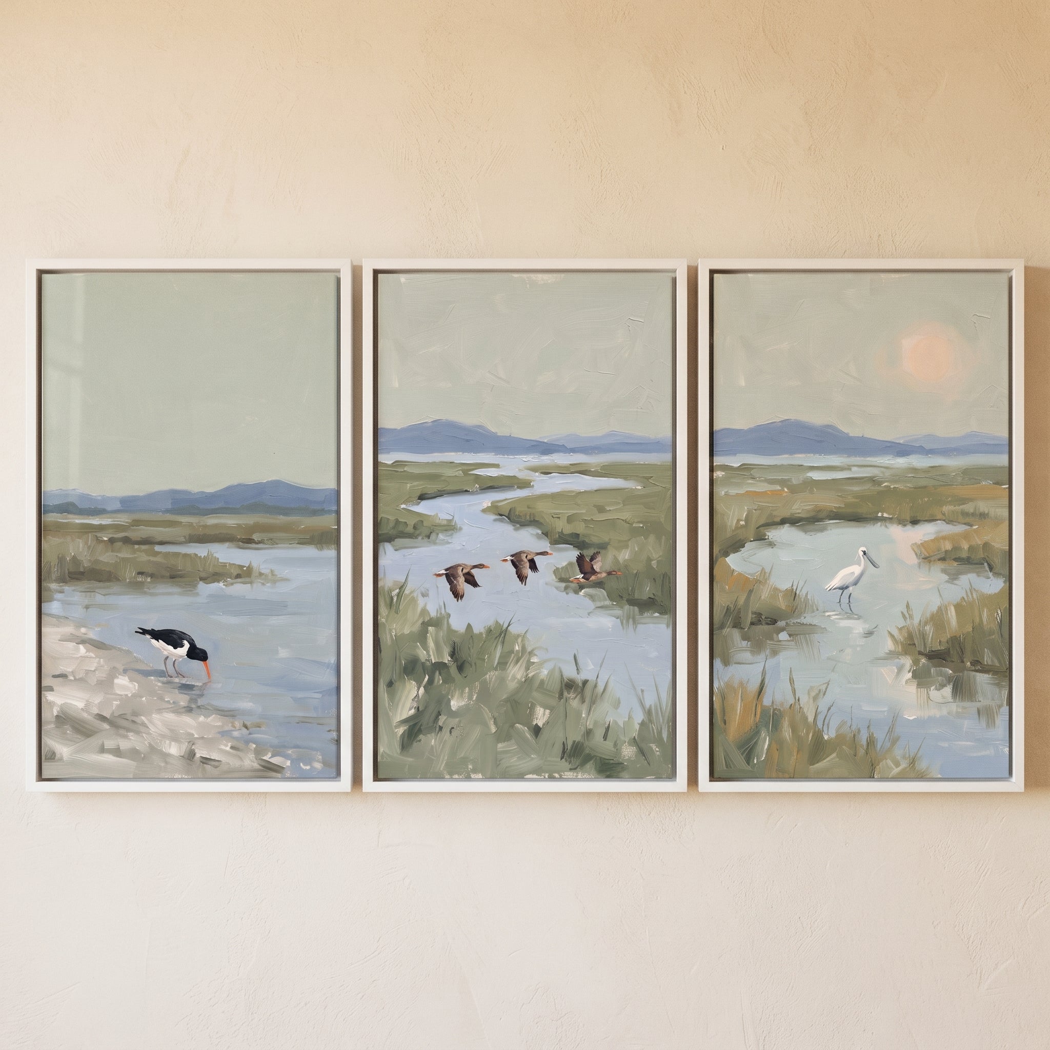 Minimalist Sage Marsh Bird Wall Art Set of 3 - Coastal Estuary Life