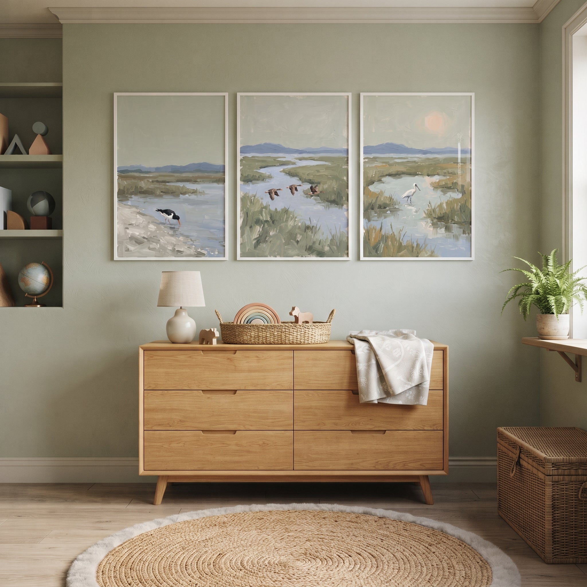 Minimalist Sage Marsh Bird Wall Art Set of 3 - Coastal Estuary Life