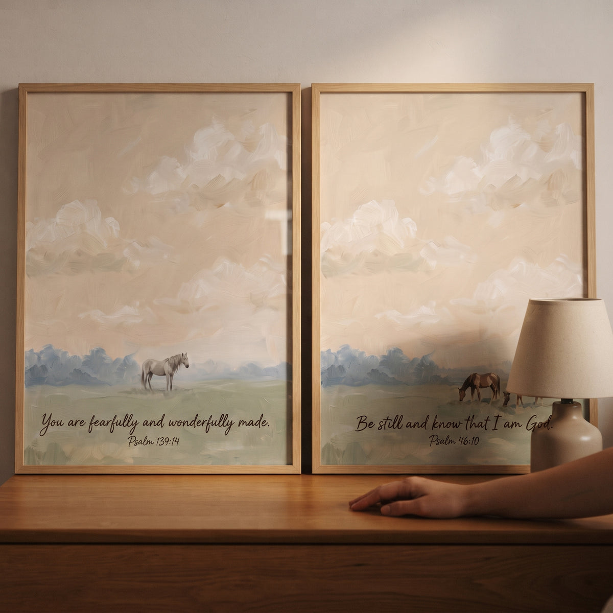 Minimalist sage pasture horse wall art set of 2 with horses in a field and bible verses Psalm 139:14 and Psalm 46:10.