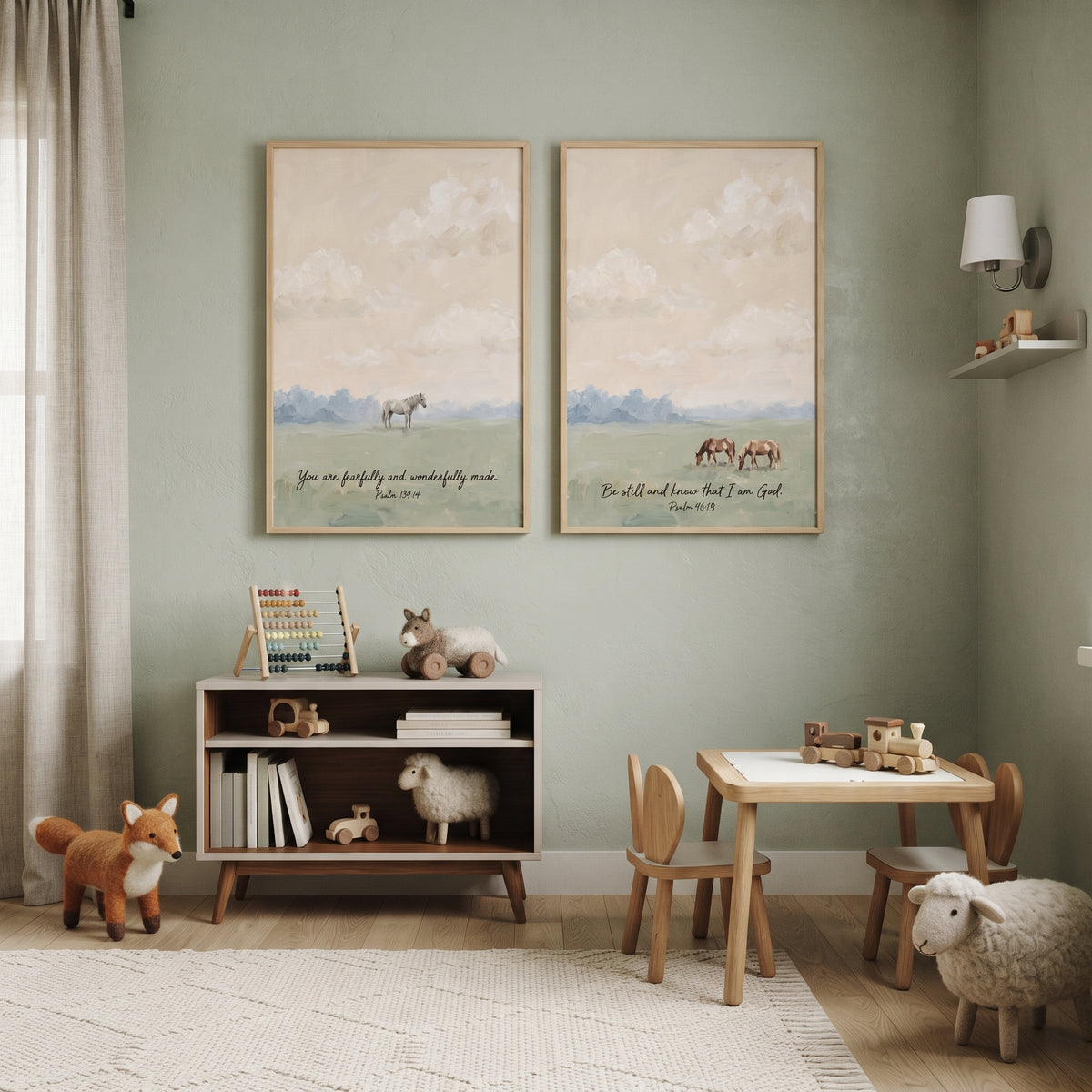 Minimalist Sage Pasture Horse Wall Art Set of 2 - Sacred Meadow Verses