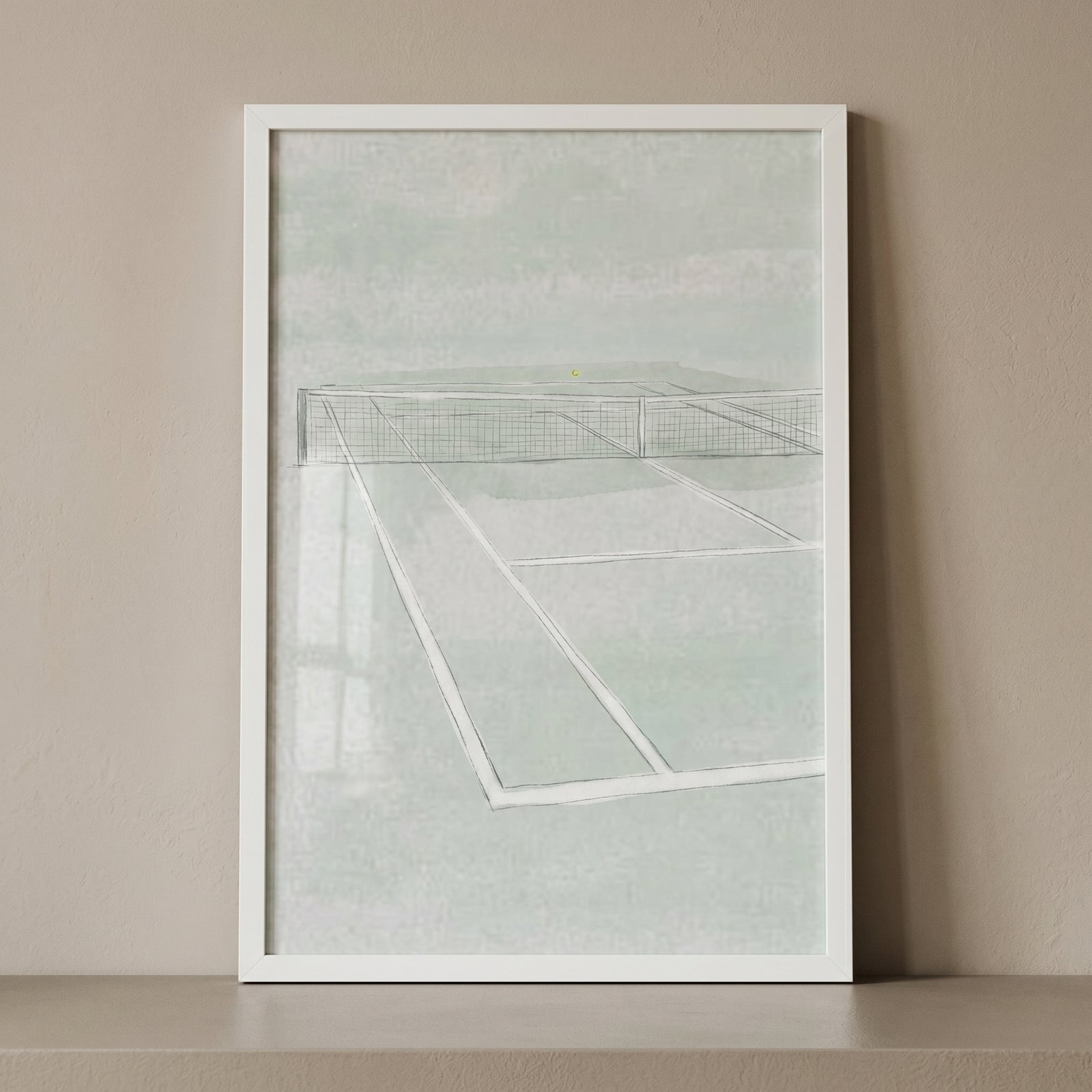 Minimalist sage tennis court wall art in a white frame features soft green tones with white court lines and a net.
