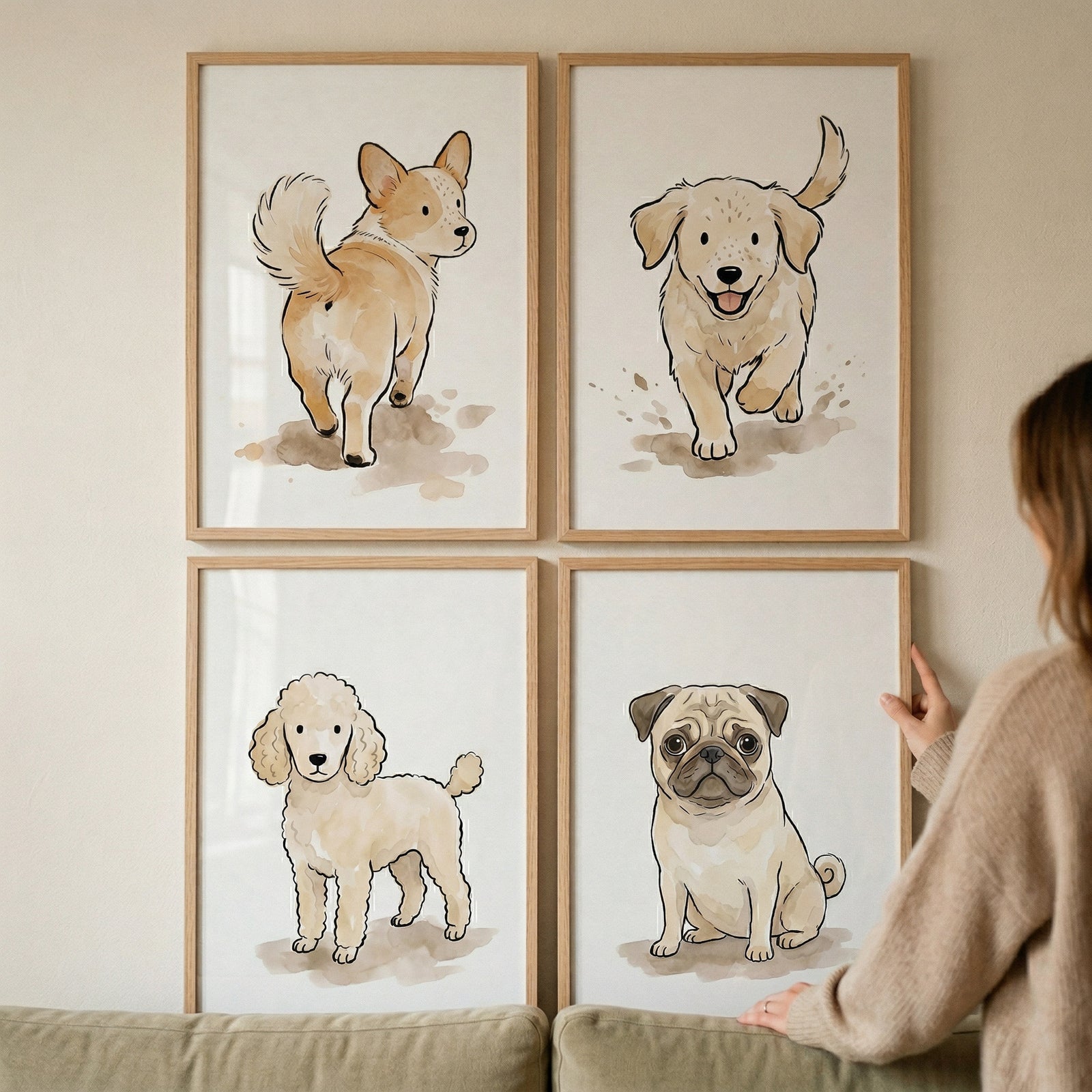 Four framed illustrations are arranged in a square grid on a light-colored wall. Each artwork features a different cartoon dog rendered with simple lines and soft, watercolor-like colors.
