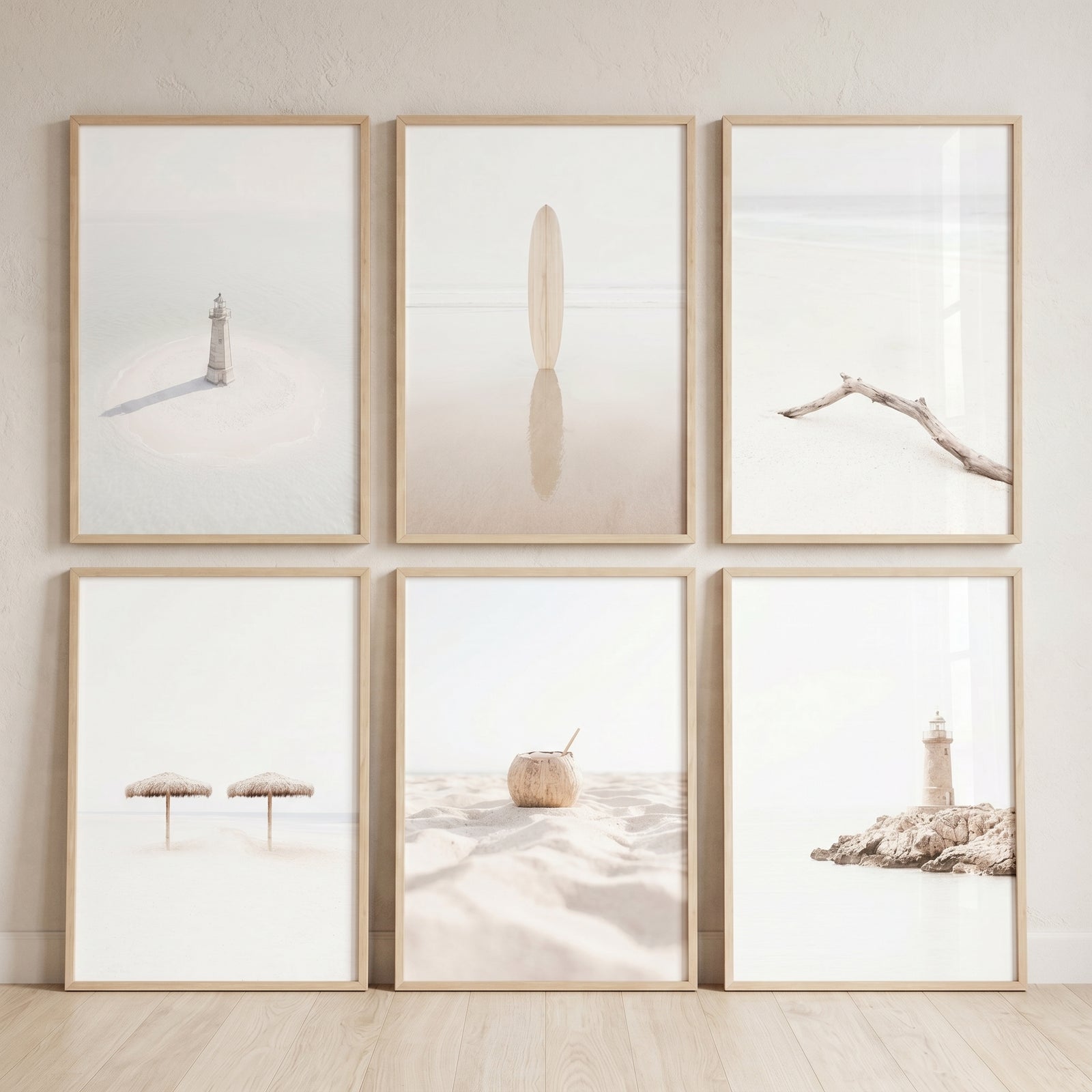 Minimalist serene coastal beach wall art set of 6 featuring a surfboard, driftwood, coconut, umbrellas, and lighthouses.