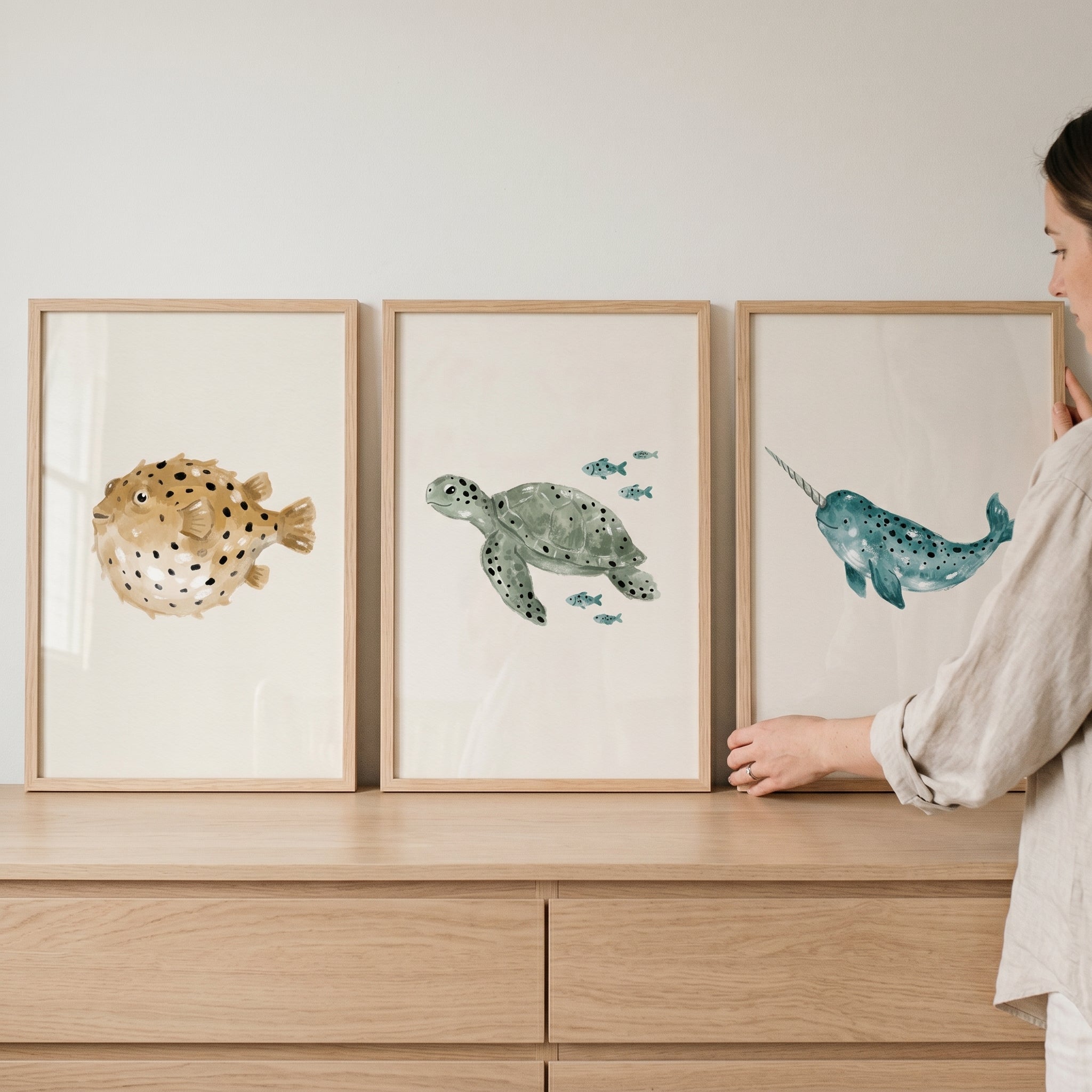 Minimalist Spotted Ocean Animals Wall Art Set of 3 - Whimsical Sea Life