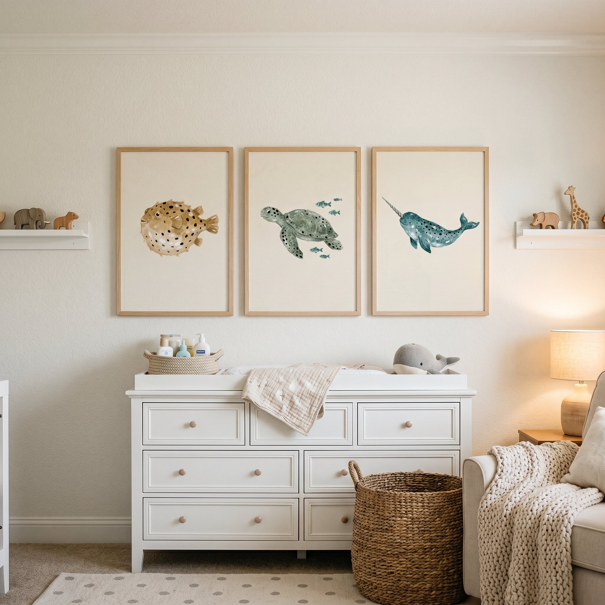 Minimalist Spotted Ocean Animals Wall Art Set of 3 - Whimsical Sea Life