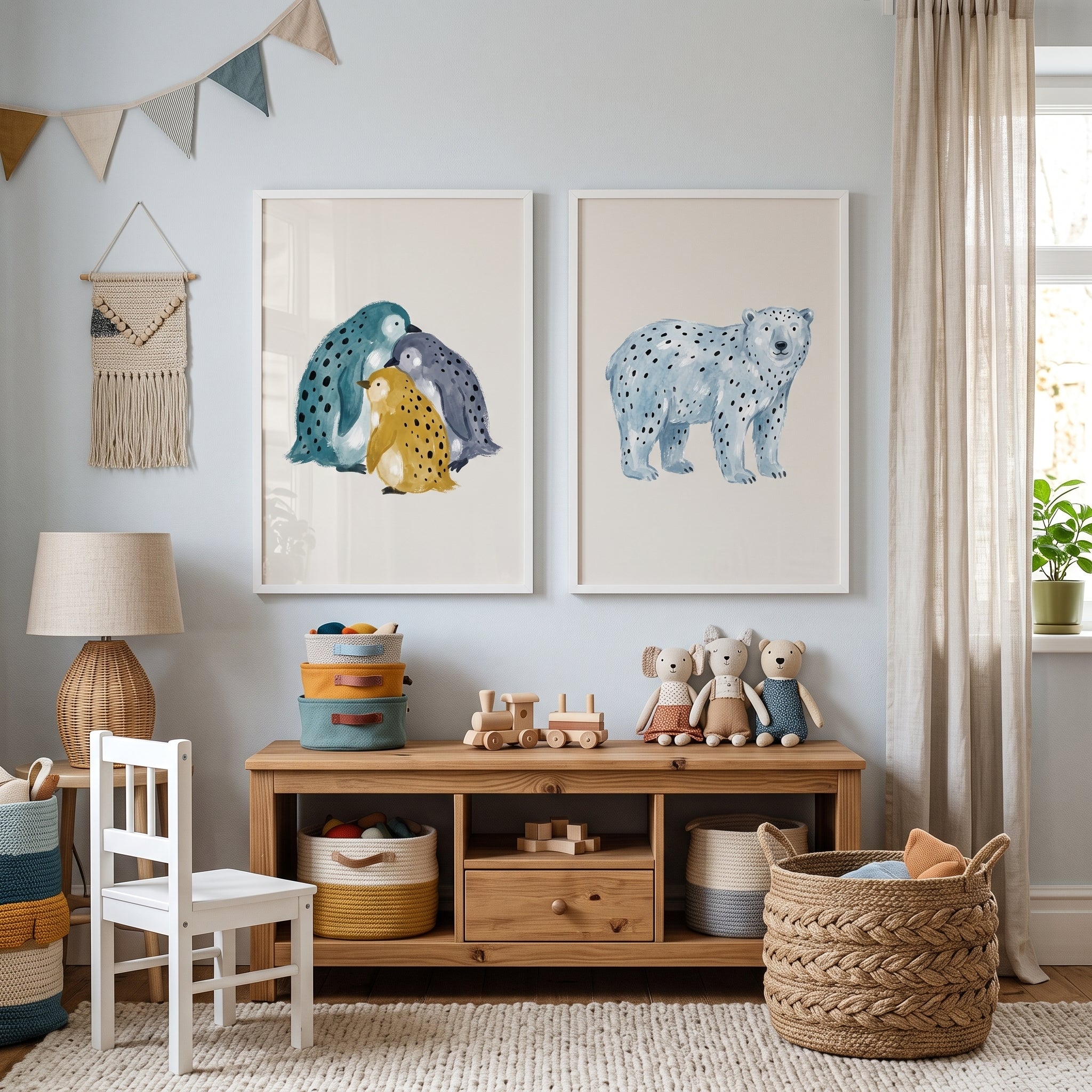 Minimalist Spotted Winter Animal Wall Art Set of 2 - Whimsical Polar Pals