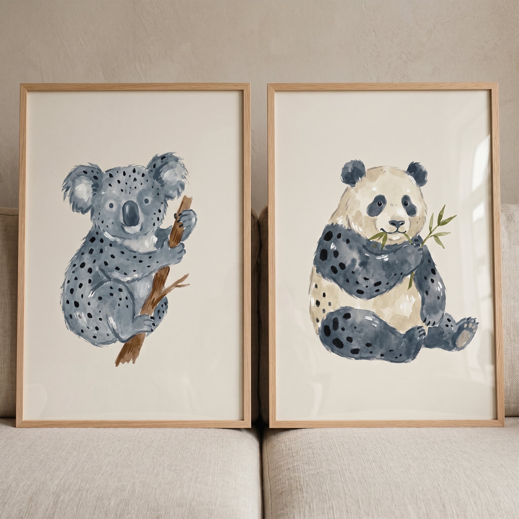 Minimalist Stippled Neutral Animal Wall Art Set of 2 - Whimsical Animal Duo