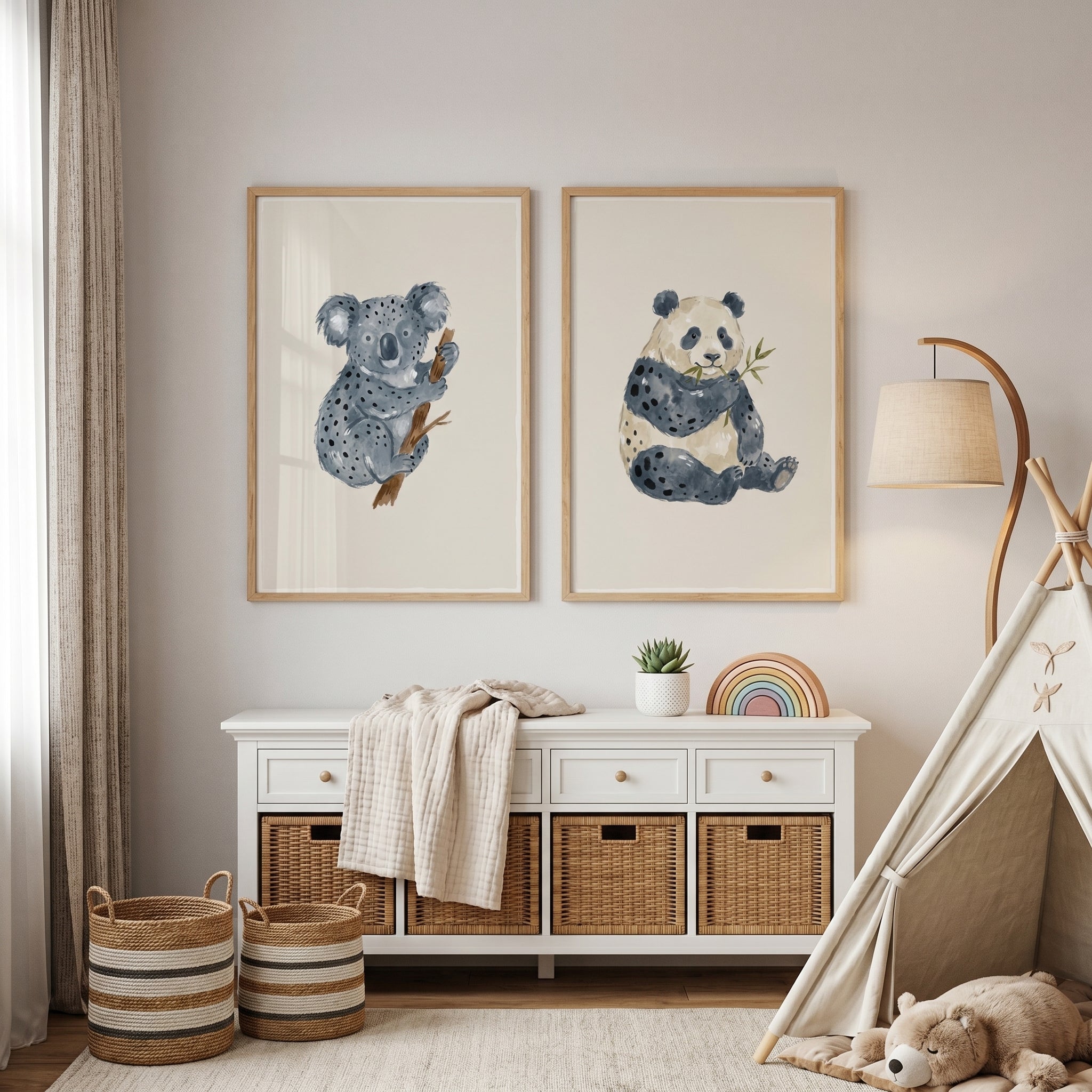 Minimalist Stippled Neutral Animal Wall Art Set of 2 - Whimsical Animal Duo