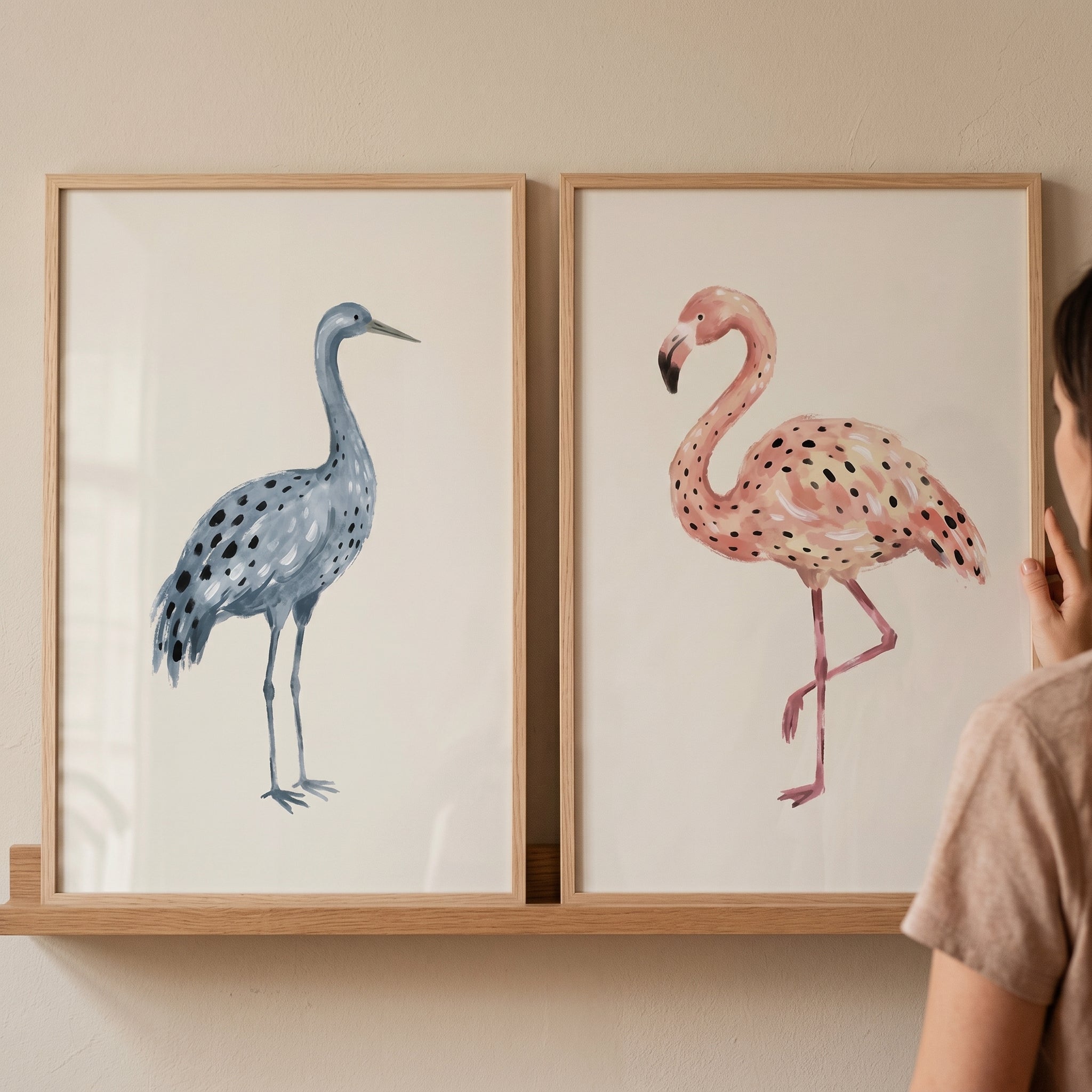 Minimalist Stippled Watercolor Birds Wall Art Set of 2 - Spotted Plume Pair