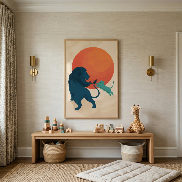 A minimalist nursery features a large framed artwork of two stylized lions. A large dark blue lion and a smaller teal cub are set against a vibrant orange sun. The artwork is centered between two gold wall sconces on a textured beige wall. Below, a light wood bench holds wooden toys and a stuffed giraffe. Under the bench are two woven baskets. The room is completed with a natural jute rug and a light gray quilted floor cushion, creating a warm, modern aesthetic.