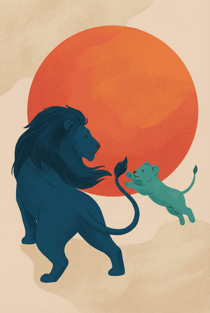 Blue lion with flowing mane turns toward a playful cub mid leap as they interact in front of a large warm red sun. The soft shapes and muted tones create a gentle and lively focal point suited for a nursery or kids room.