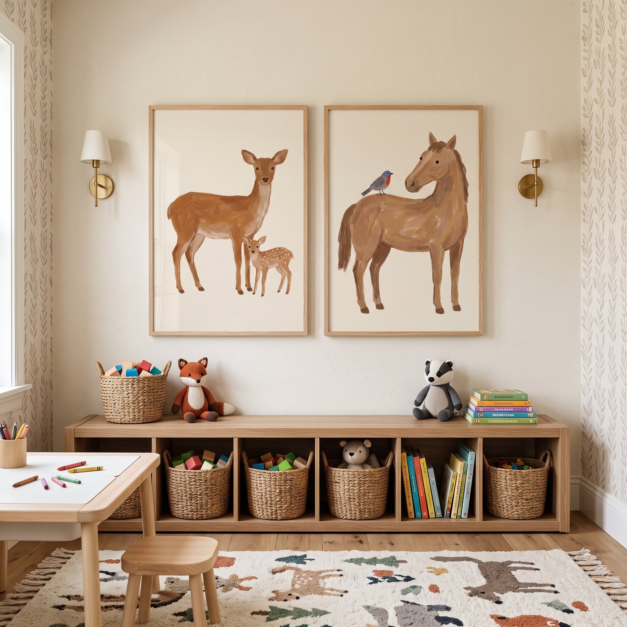Minimalist Tan Brown Animals Wall Art Set of 2 - Soft Animal Companions