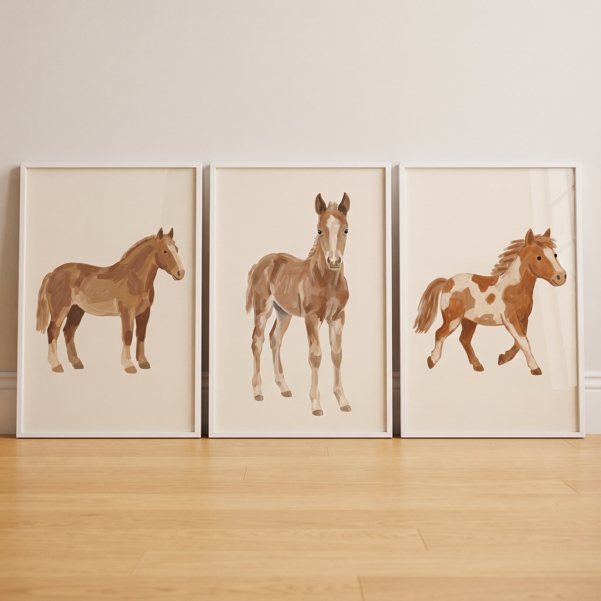 Minimalist Tan Horse Artwork Set of 3 - Gentle Horse Trio