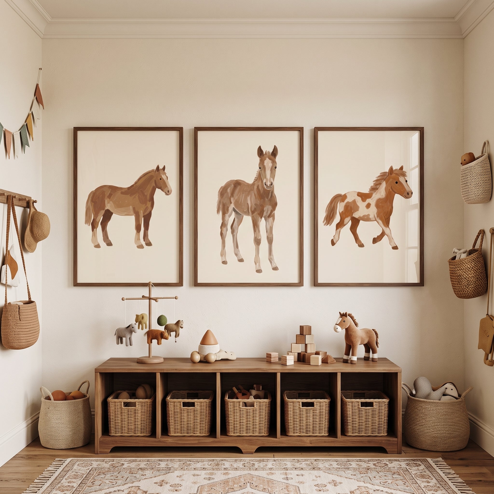 Minimalist Tan Horse Artwork Set of 3 - Gentle Horse Trio