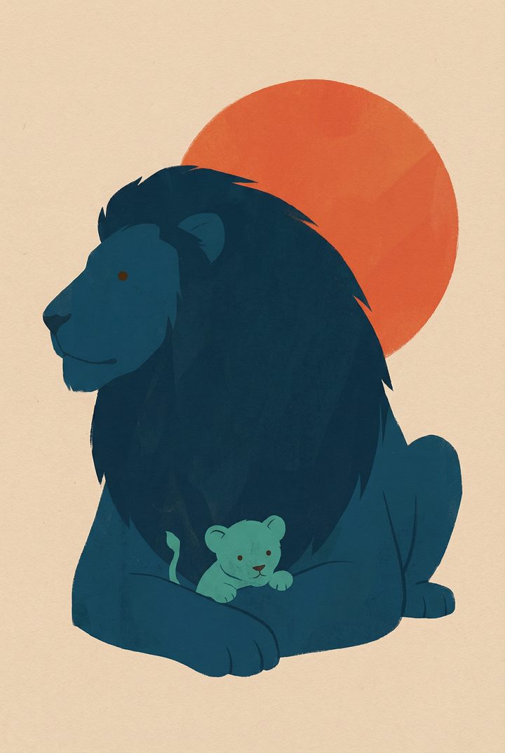 A minimalist illustration features a large, dark blue stylized lion and a small teal cub. The lion is seated and looking to the left, with its darker mane framing its face. A small, light-colored cub is nestled safely at its feet. Behind the lion's head, a large, orange-red circular sun sets against a plain, light beige background. The artwork has a clean, graphic style with subtle textures across the flat color fields.