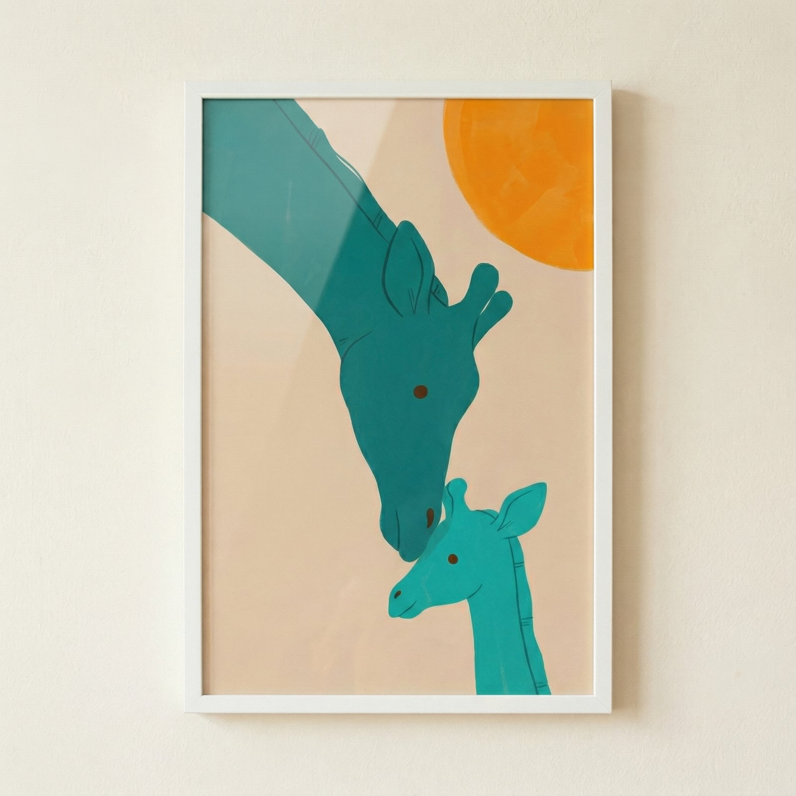 Minimalist illustration of a tall giraffe lowering its head to gently touch a baby giraffe against a soft neutral background with a warm sun in the corner. The simple shapes and tender interaction create a calm and nurturing focal point for a nursery.