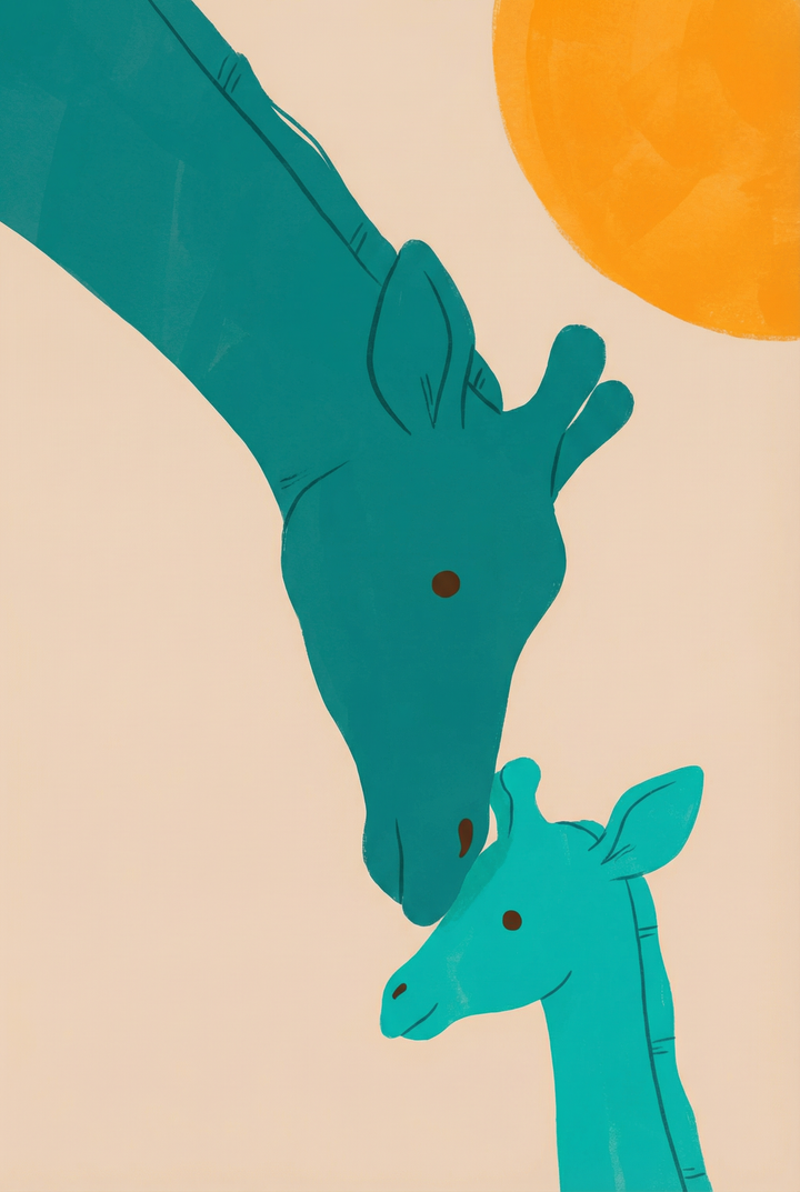 A minimalist, stylized illustration depicts a tender moment between two giraffes. A larger, dark teal giraffe leans down from the upper left, touching its nose to a smaller, turquoise baby giraffe looking up from the lower right. The simple silhouettes are set against a flat, pale beige background. A large, vibrant orange sun shines from the top right corner. The artwork uses clean lines and a limited color palette to create a peaceful, affectionate scene.