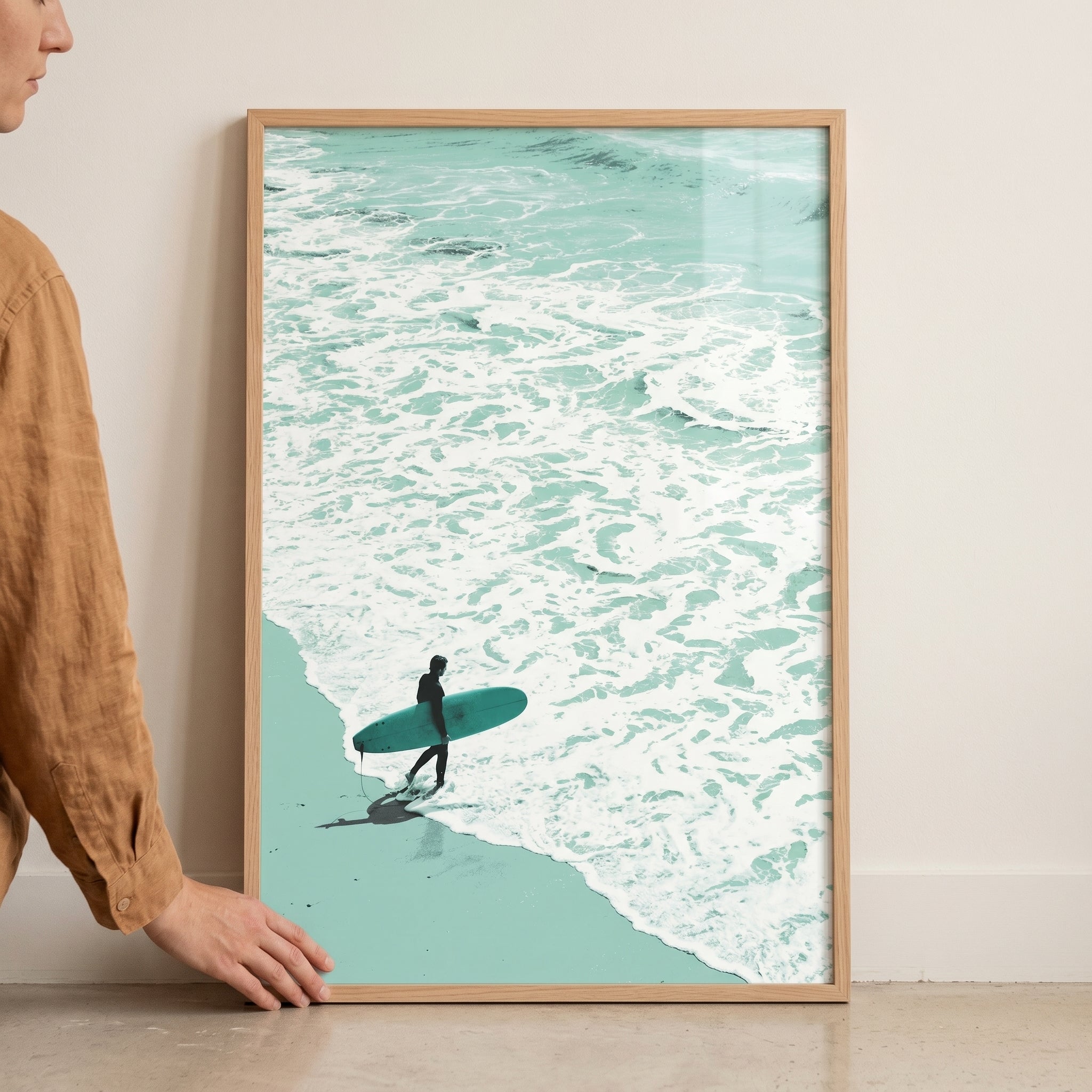 Minimalist Teal Ocean Surfer Wall Art - Sea Foam Walker