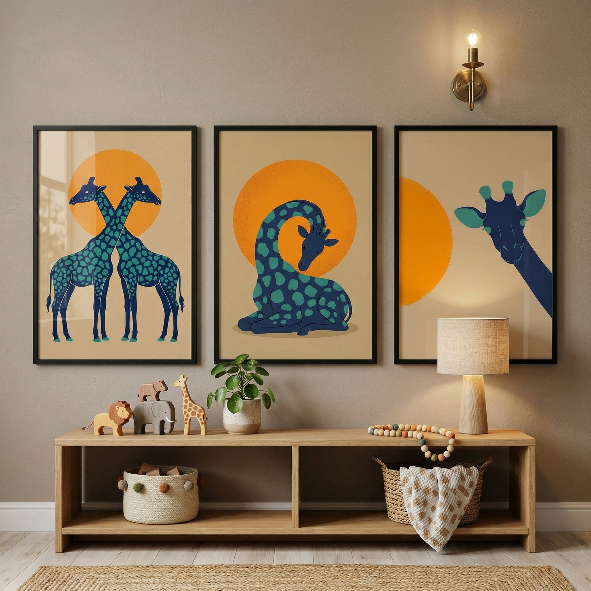 Minimalist Teal Patterned Giraffe Wall Art Set of 3 - Blue Giraffe Trio