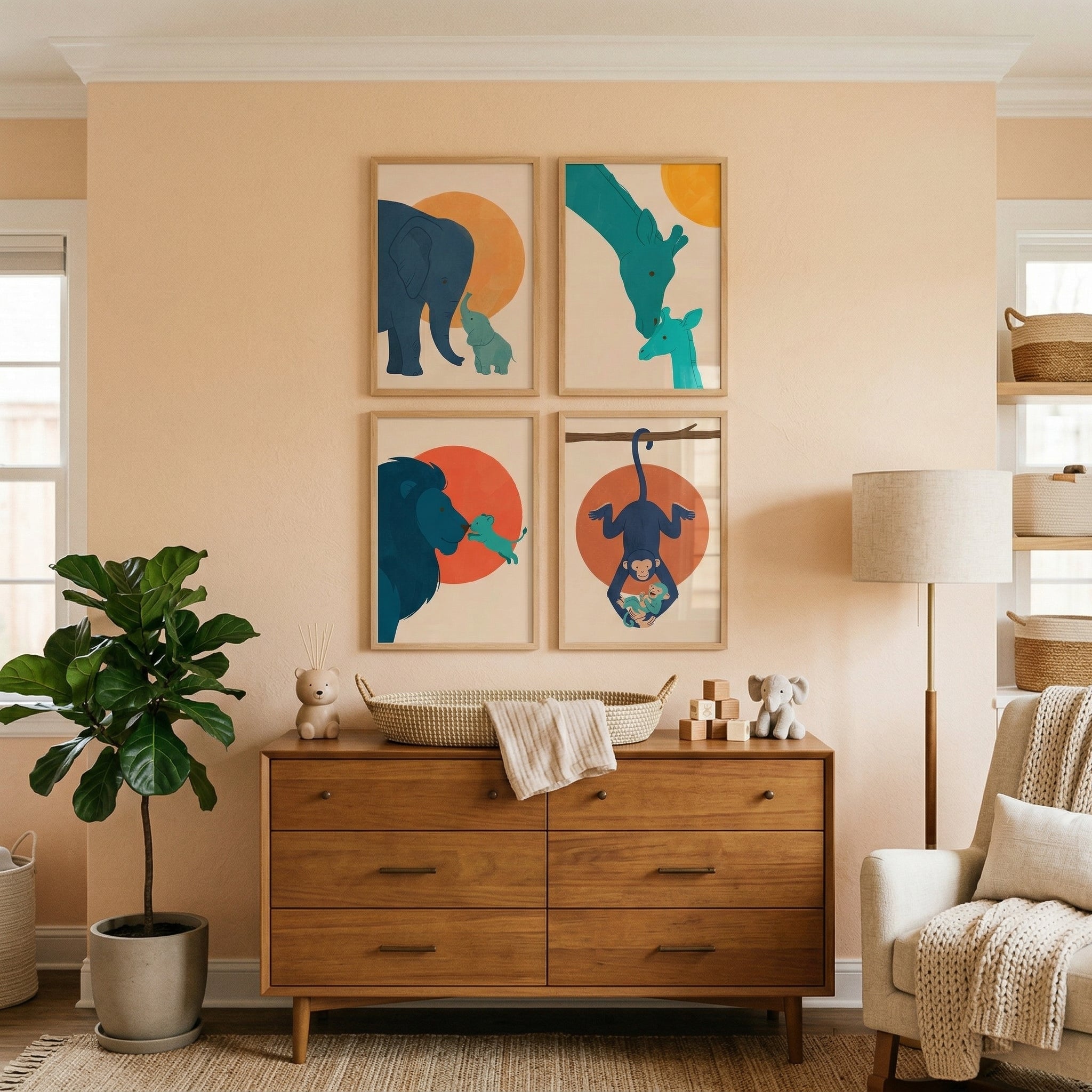 Minimalist Teal Safari Animal Wall Art Set of 4 - Wild Family Bonds