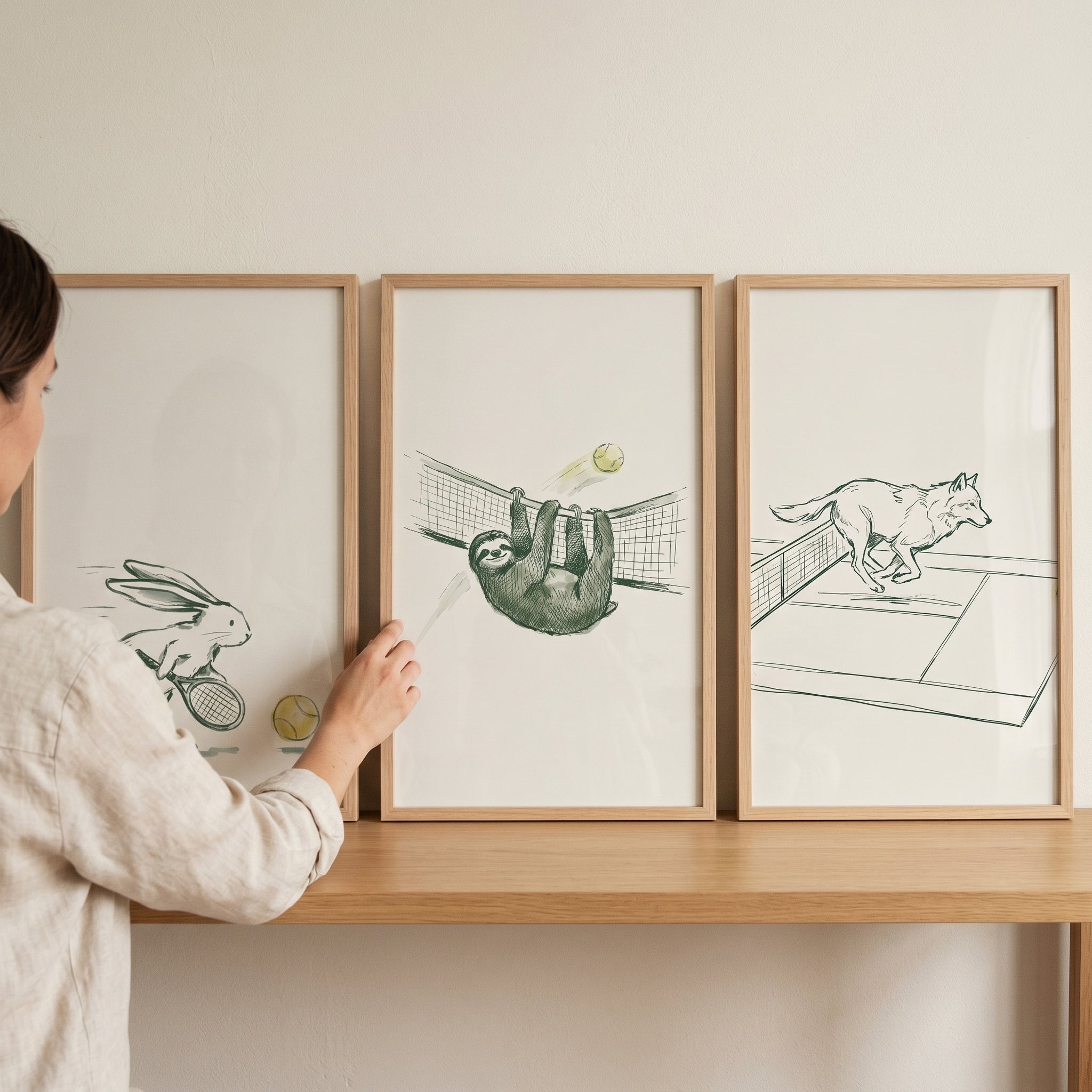 Minimalist Tennis Animals Artwork Set of 3 - Wild Court Match