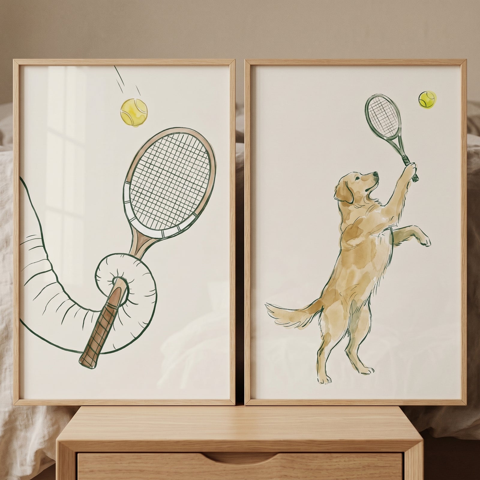 Minimalist tennis animals wall art set of 2 featuring an elephant trunk and a golden retriever playing tennis.