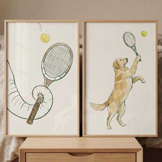 Minimalist tennis animals wall art set of 2 featuring an elephant trunk and a golden retriever playing tennis.