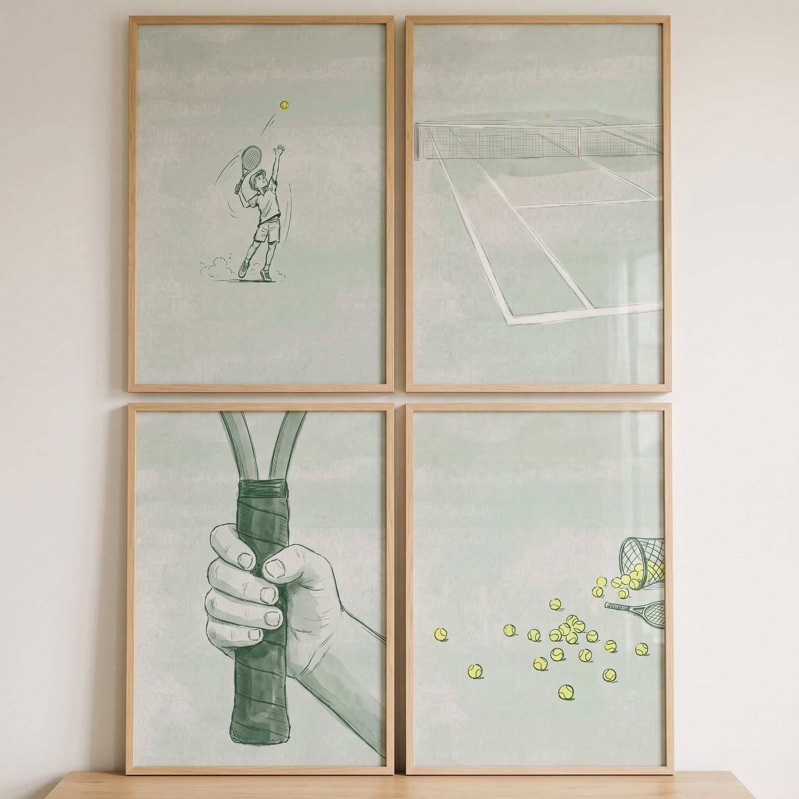 Minimalist tennis illustration wall art set of 4 showing a server, a court, a hand gripping a racket, and spilled balls.