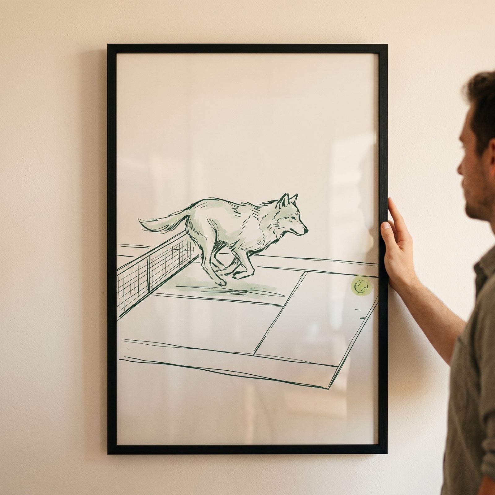 Man displays a framed minimalist tennis jumping wolf wall art piece of a wolf leaping over a net on a tennis court.