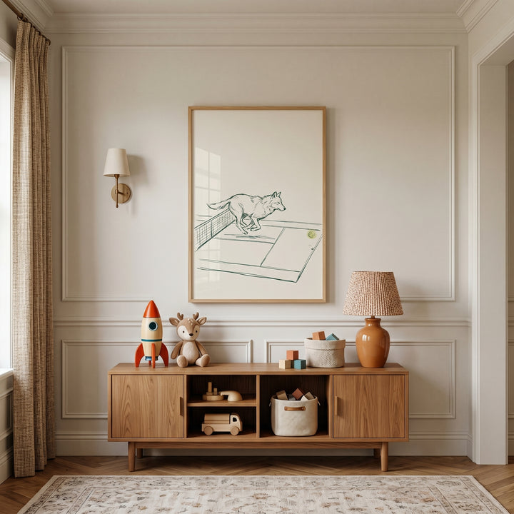 Minimalist tennis jumping wolf wall art hangs above a wooden toy console in a neutral-toned nursery or playroom.